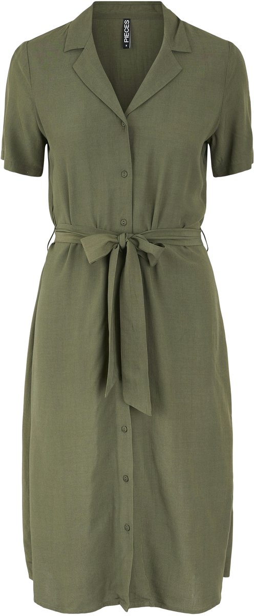 jurk, korte mouwen, knopen, riem, militaire groen