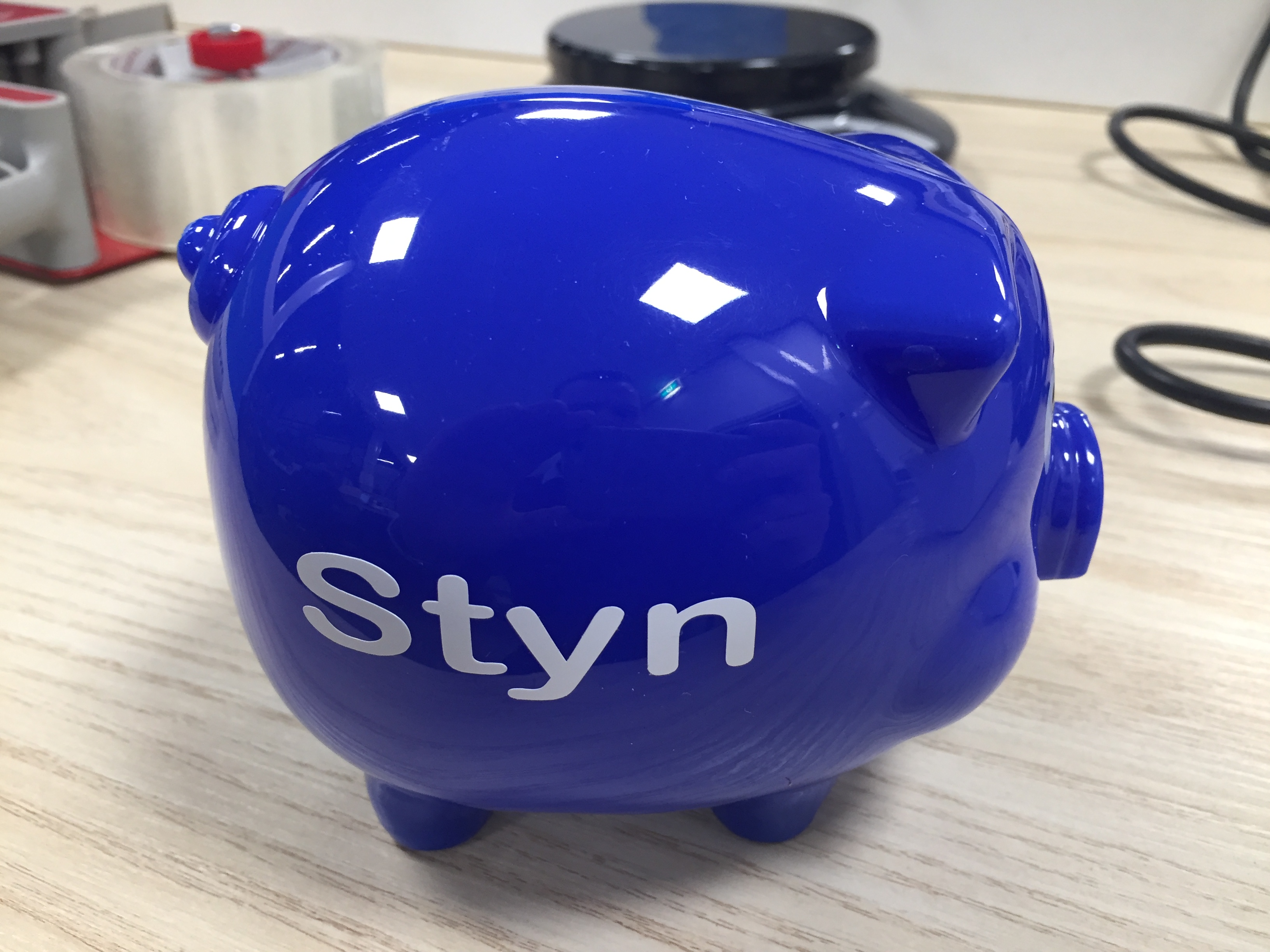 Blauw spaarvarken met naam Styn