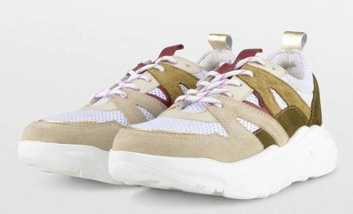 PS Poelman Year Dames Leren Chunky Runner Sneaker - mt 38 - van Mesh en Suéde - Beige Kaki Groen