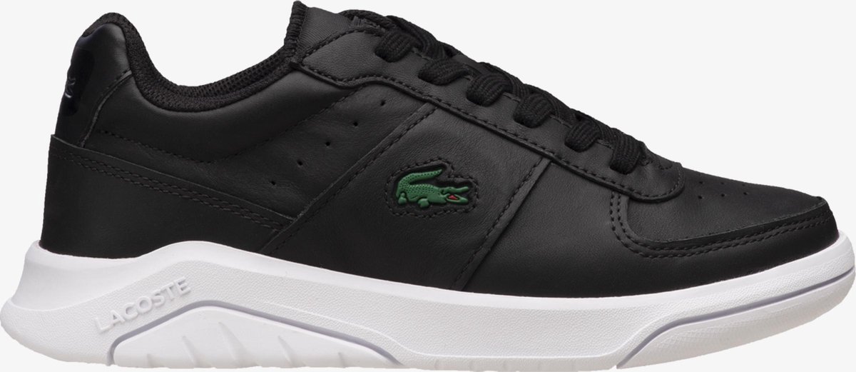 sneaker, black, leather, white sole, lacoste