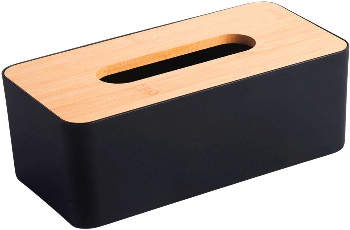 tissue box, tissue holder, houten bovenkant, zwarte doos