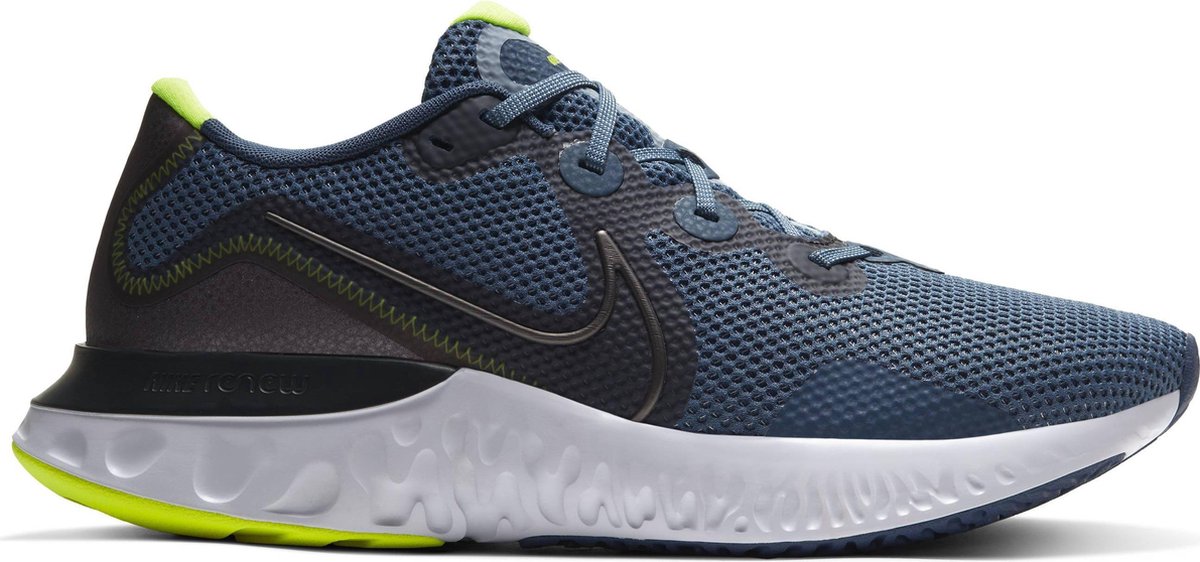 sneaker, running shoe, mesh upper, blue, neon green outsole