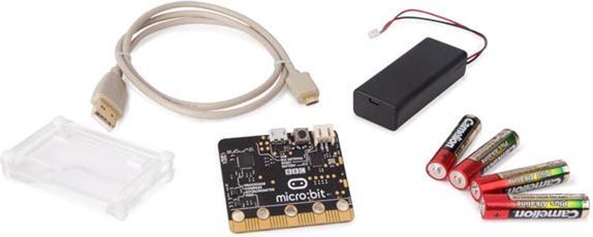 micro:bit, educatie, batterij, printplaat, USB-kabel