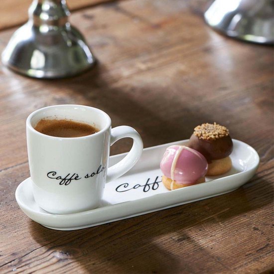 Riviera Maison Kop -en schotel, Espresso mok met tekst - Caffè Solo - Wit - Porselein - 85 ml - 2 st