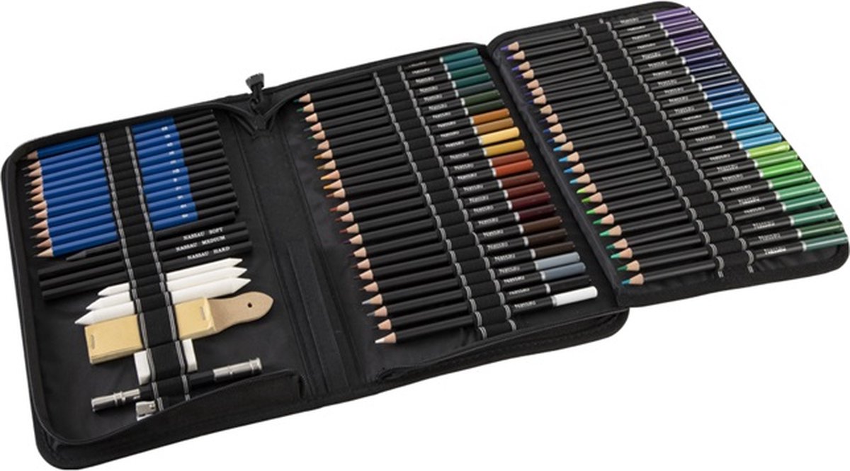Nassau Fine Art Professionele Schets- en Tekenset  96-delig - Schetspotloden - houtskool - Kleurpotl