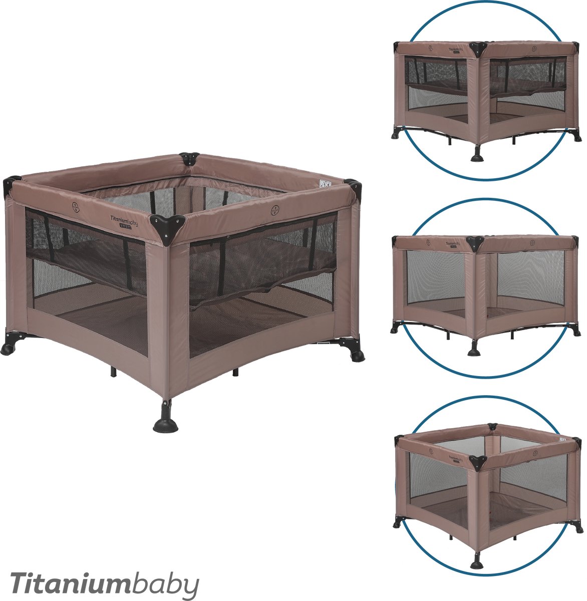 baby-playard, playpen, mesh sides, brown, foldable