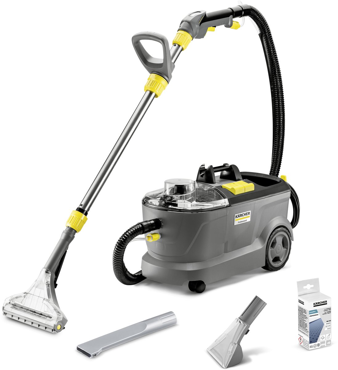 Kärcher Puzzi 10/1 Professional Sproei-extractie apparaat - Tapijtreiniger - Incl. vloermond en bekledingszuigmond - Reinigingsmiddel tabs 48 st. - Dieptereiniging