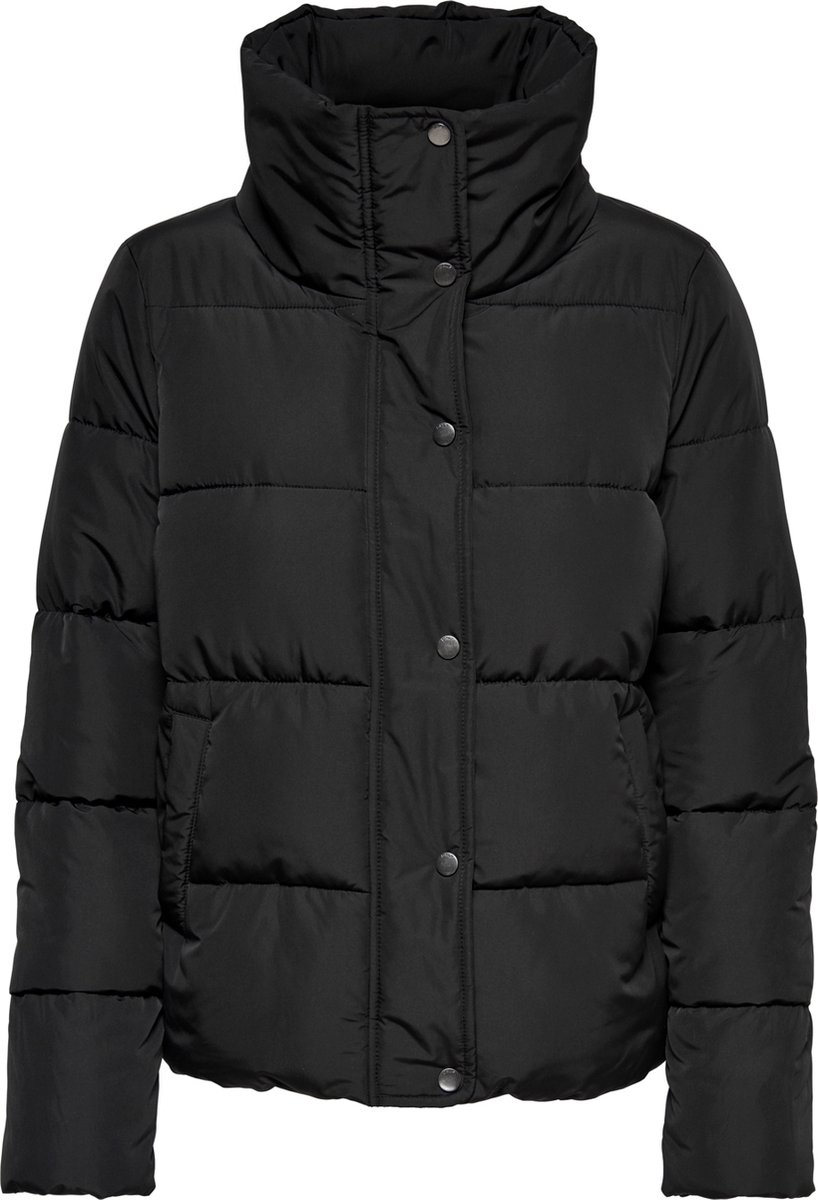 puffer, jas, zwart, kraag, drukknopen