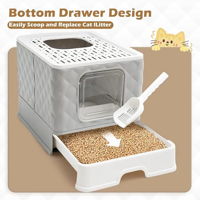 Kattenbak met ruitvormig design, grote opvouwbare kattenbak met deksel, lade en kattenbak,te capacit
