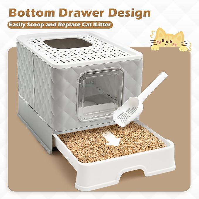 Kattenbak met ruitvormig design, grote opvouwbare kattenbak met deksel, lade en kattenbak,te capacit