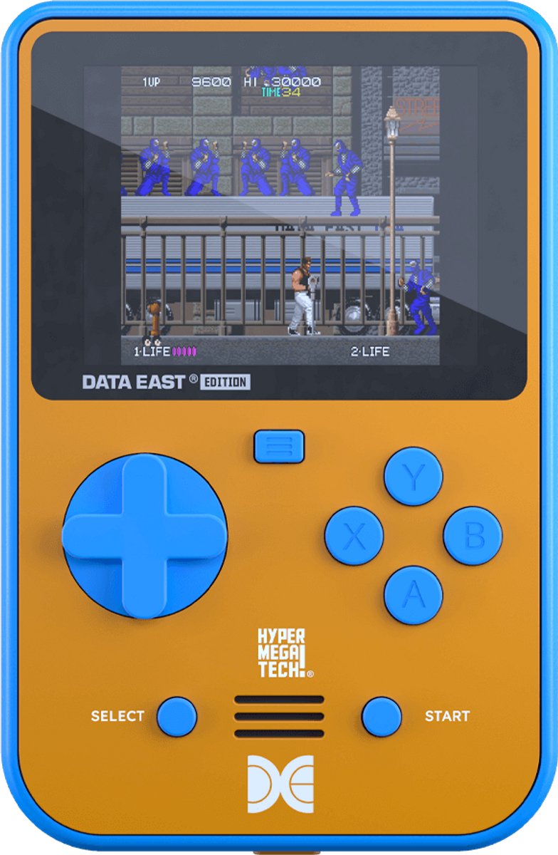 handheld retro console, arcade handheld, oranje/blauw, spelweergave, Data East editie
