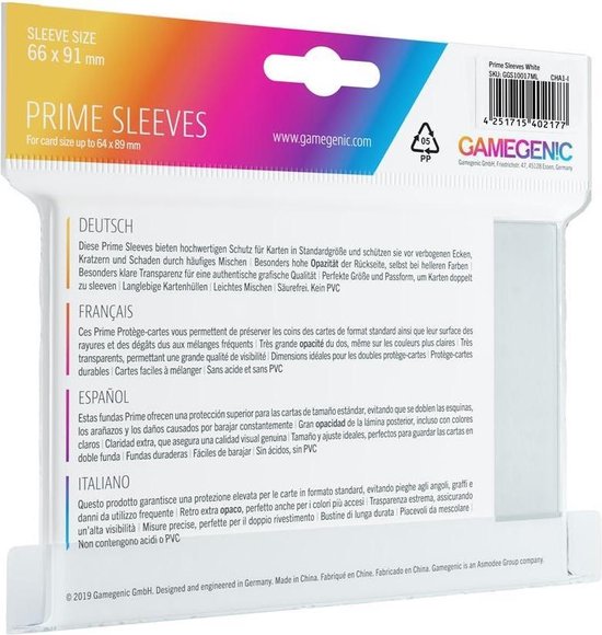 Prime Sleeves - 100 white standard-sized card sleeves pack 66 x 91 mm