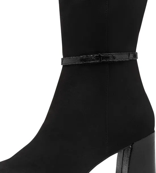 antraciet/zwart enkelhoog, knielaarse legging, hakken/bootie, riemdetail, rugle leverancier?