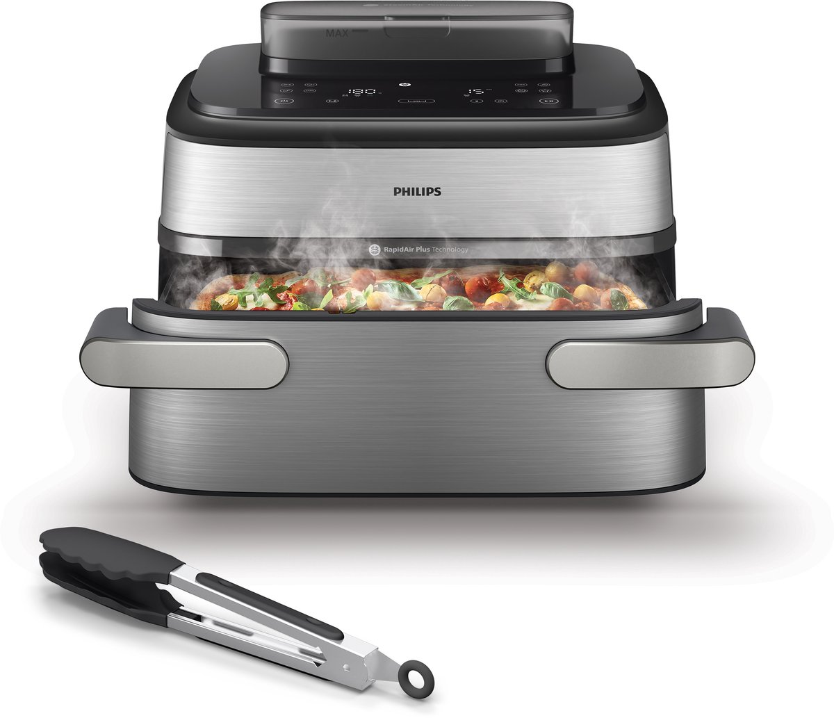 Philips Airfryer Megabasket Met Stoomfunctie 5000-serie – NA565/02 – PFAS vrij - Enkele mand óf Dubbele Mand - SteamClean – 9,5L – Tot 8 Personen – Inclusief Tang