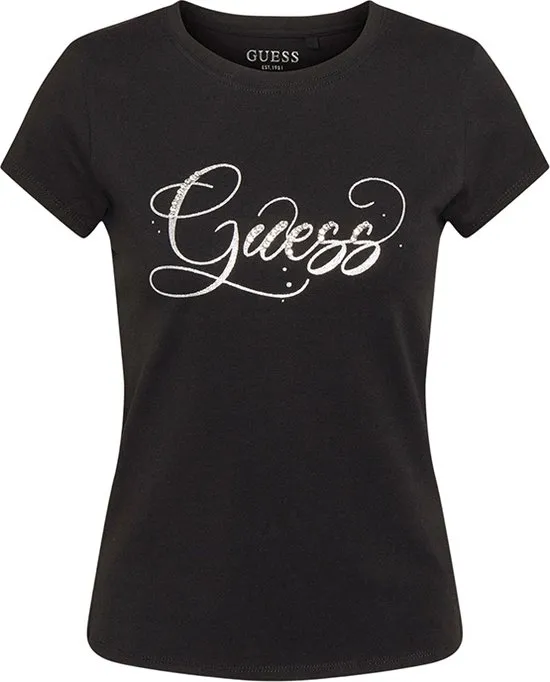 Guess - Maat S - Glitzy Logo R4 Dames T-shirt - Zwart