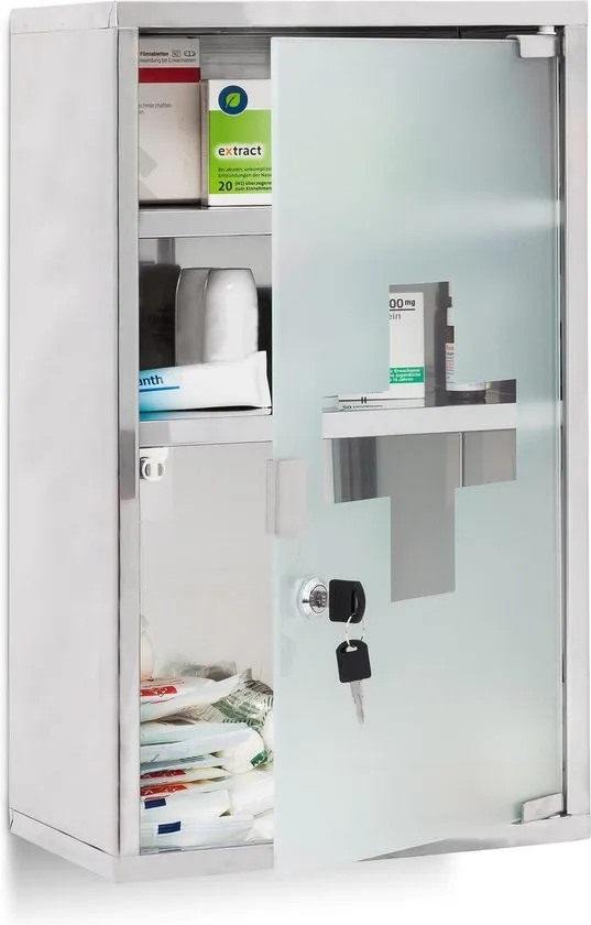 relaxdays - medicijnkastje XL - afsluitbaar - badkamer kast - edelstaal en glas