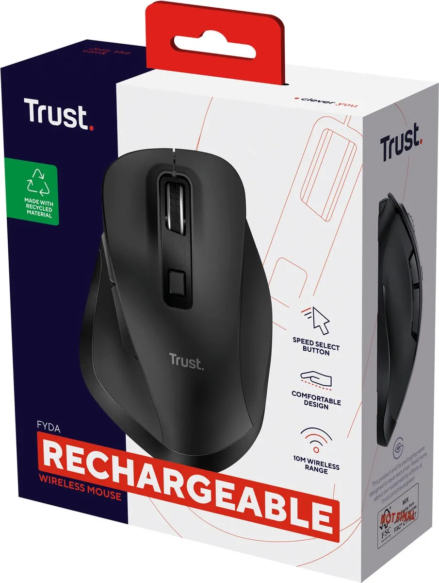 Trust Fyda – Draadloze Muis – Oplaadbaar – Ergonomisch – Zwart