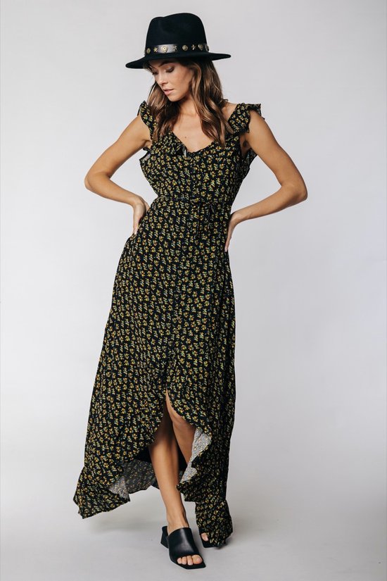 Colourful Rebel - maat M - Esme Flower Jurk Geel Dames - Wijduitlopende Fit - Viscose