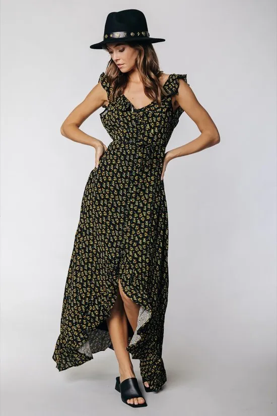 Colourful Rebel - maat M - Esme Flower Jurk Geel Dames - Wijduitlopende Fit - Viscose