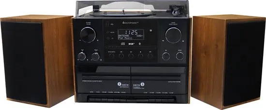 Soundmaster MCD5600BR - muziekcenter met platenspeler, bluetooth, CD, dubbel Cassettedeck, encoding, USB en DAB+, bruin