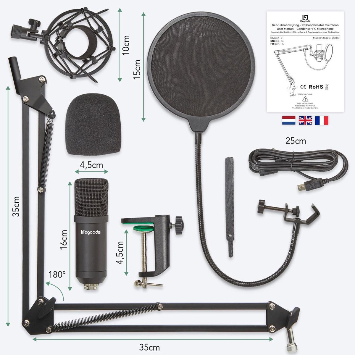 Merkloos - Microfoon met Arm - Cardioide Polair Patroon - Zwart