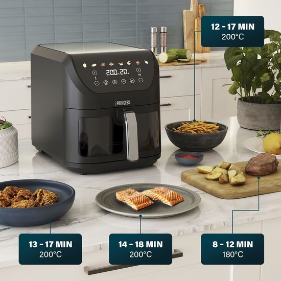 Princess 182257 SlimFry Airfryer - 8 L capaciteit - Doorzichtig kijkvenster - Digitaal touchscreen - 8 voorgeprogrammeerde instellingen - Compact design - 2000 W
