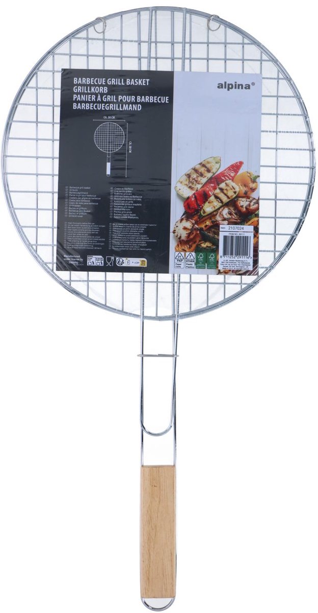 Alpina BBQ Grillmand – Metalen Barbecue Accessoire met Houten Handvat – Grillmand voor Groenten, Vis, Vlees – Fijnmazig Draaibaar Rooster – Makkelijk Schoon te Maken