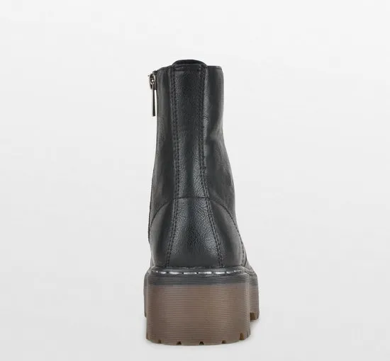 PS Poelman Dames -maat 37 - DOLIS PU Imitatieleren Chunky Veter Laarzen Boots met Rits - Zwart