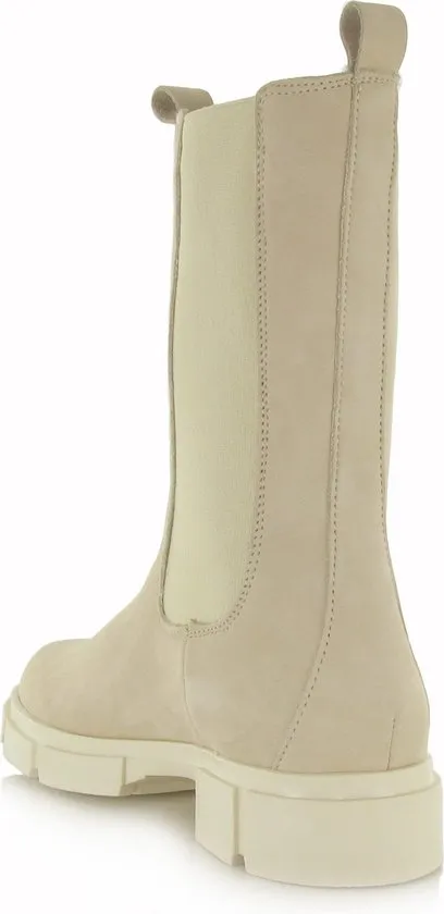 PS Poelman Lynn - Maat 36 - Dames Nubuck Leren Chelsea Enkellaarzen met Elastiek - Licht Beige Taupe