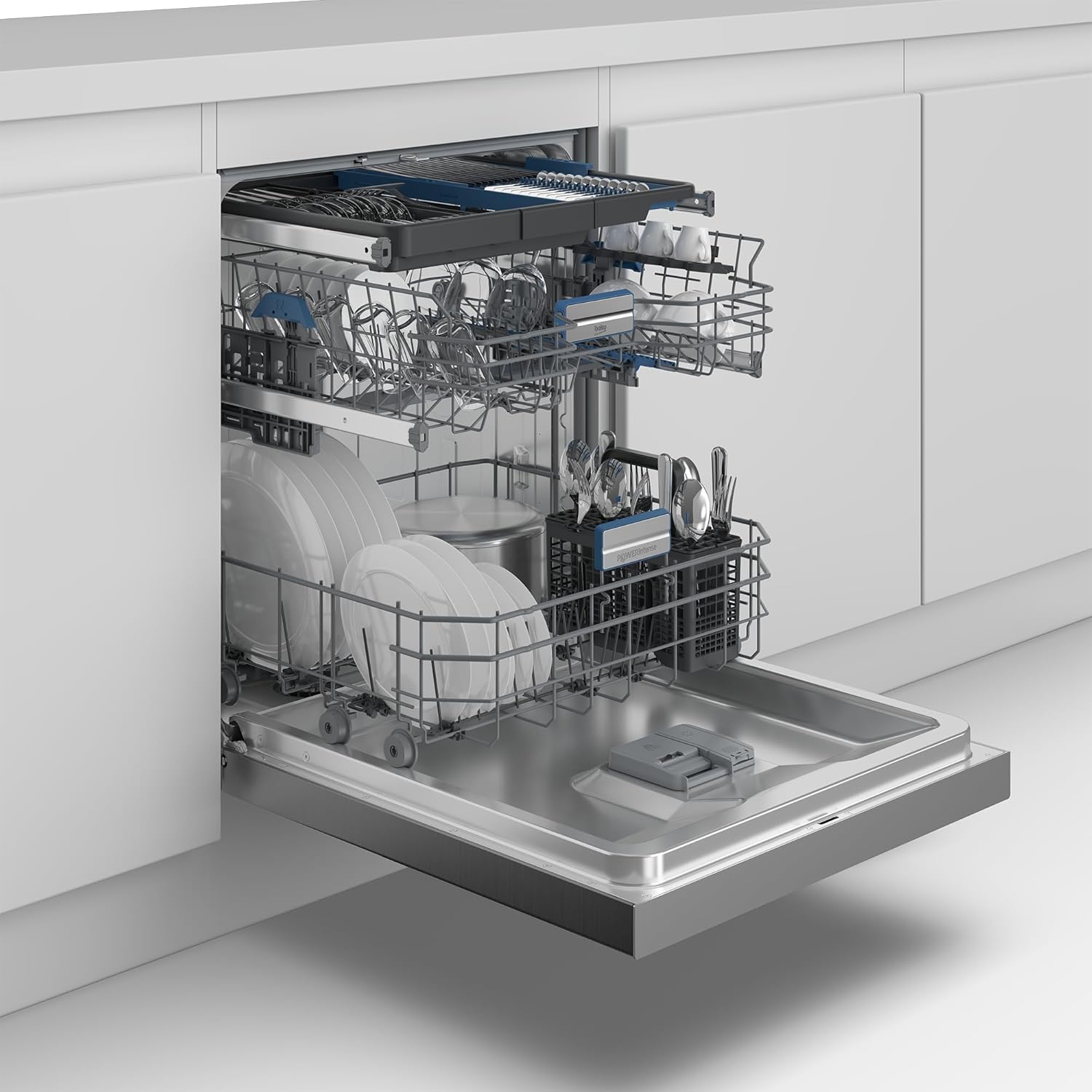 inbouw vaatwasser, Volledig mechanisch, zilveren afwerking, inwendige manden, bestekbak