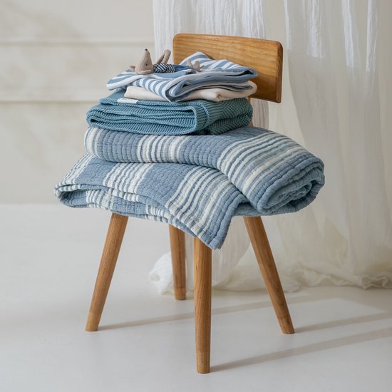 kussenhoezen, deken, blauw, gestreept, stoftextiel