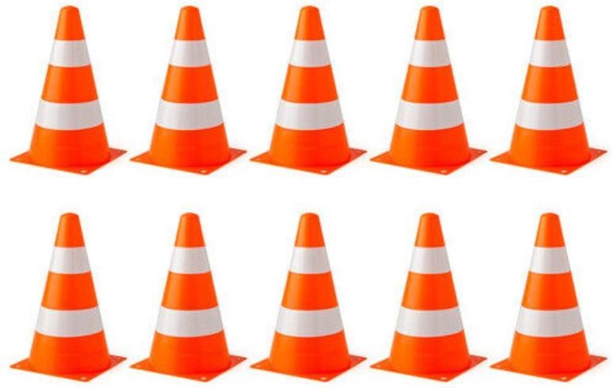 conische kegel, verkeerskegel, oranje-wit bandjes, torpedo-achtig ontwerp, geplaatste verkeerspaal