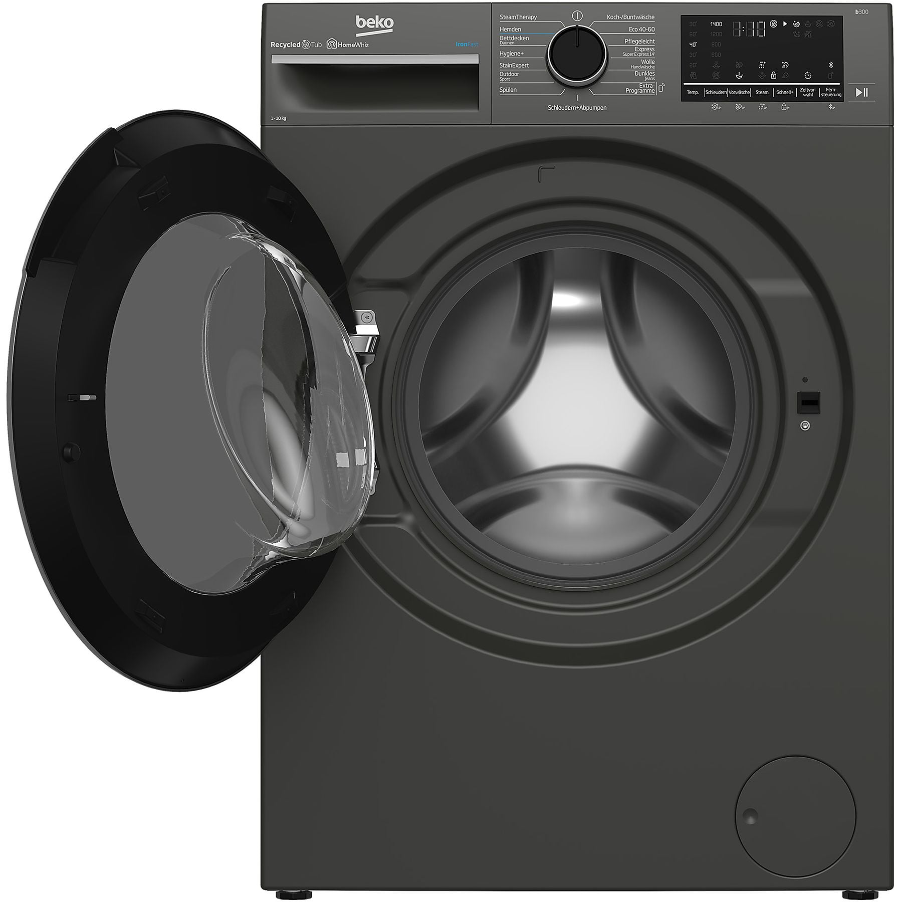 wasmachine, voorlader, grijs, deursluiting, deuren open