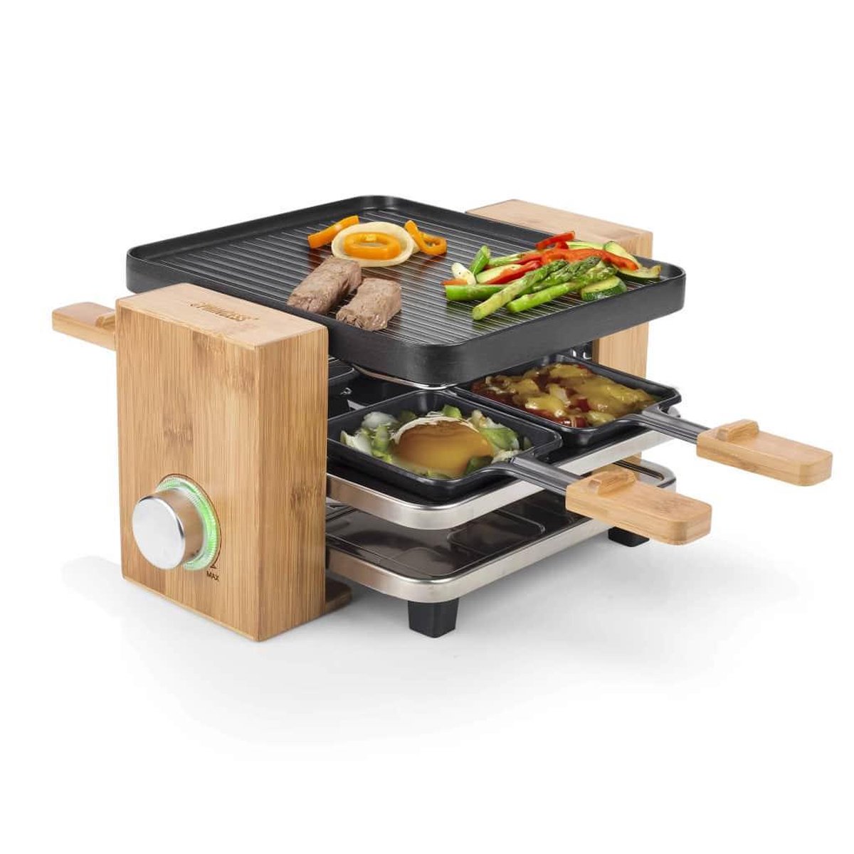 Princess 162900 Gourmetstel - Raclette Pure 4 Gourmetstel – 4 personen - Bamboe behuizing