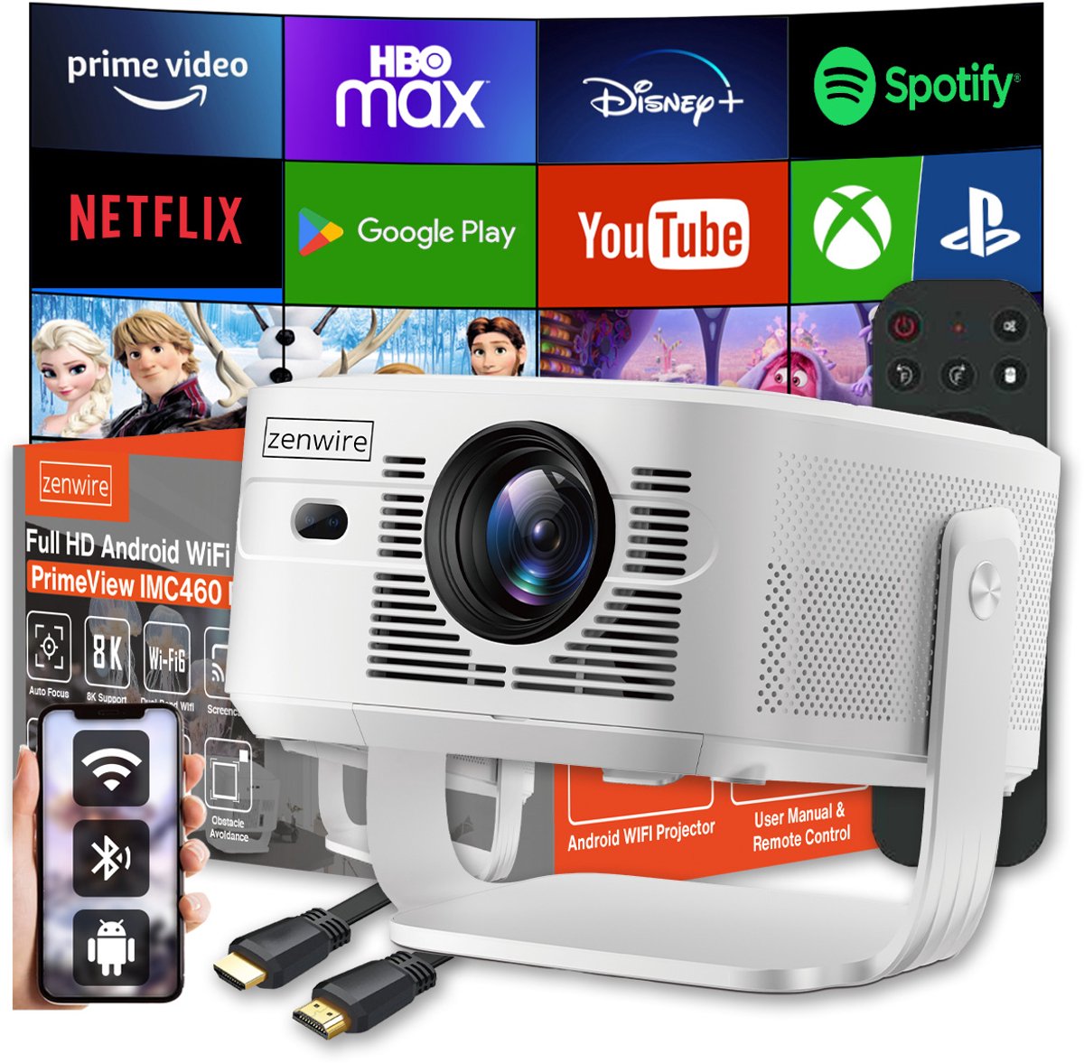 Zenwire Primeview IMC460 Beamer - Projector Full HD 1080p met 4K 8K Support - Android 14 - 950 ANSI Lumen - WiFi 6 - Bluetooth 5.4 - Autofocus - 2GB RAM / 16GB ROM