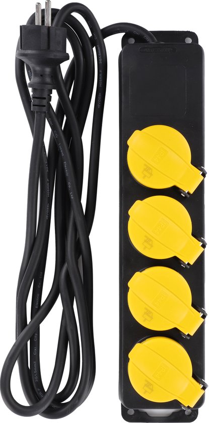 Stekkerdoos voor buiten- 4-voudig - Randaarde - Spatwaterdicht - 3 x 1.5 mm2 Neopreen kabel - 3 mete