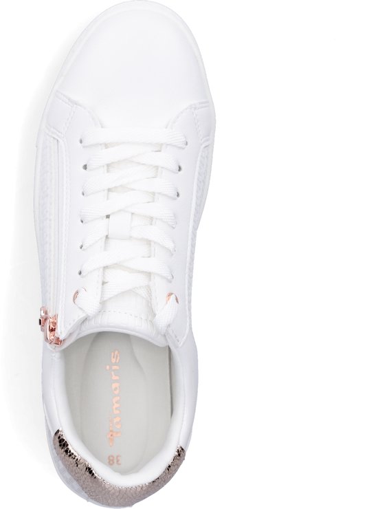 witte schoen, laufschoen, veters, hielaccent rosegoud, top view schoen