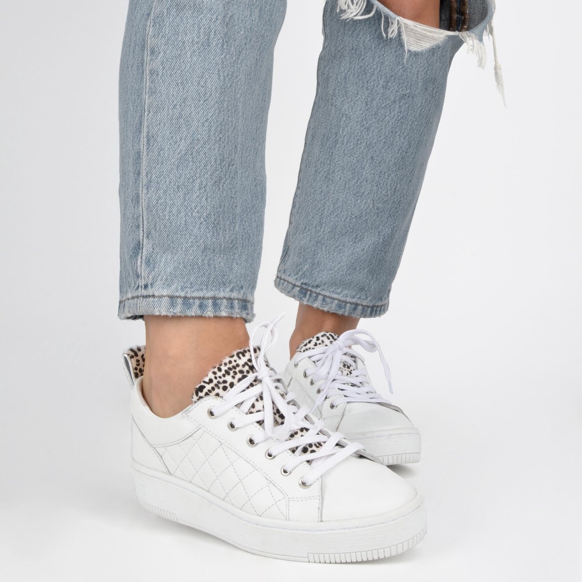 PS Poelman Esquimo Dames Quilted Leren Tennis Sneakers  - mt 38 - met Leopard Print - Wit