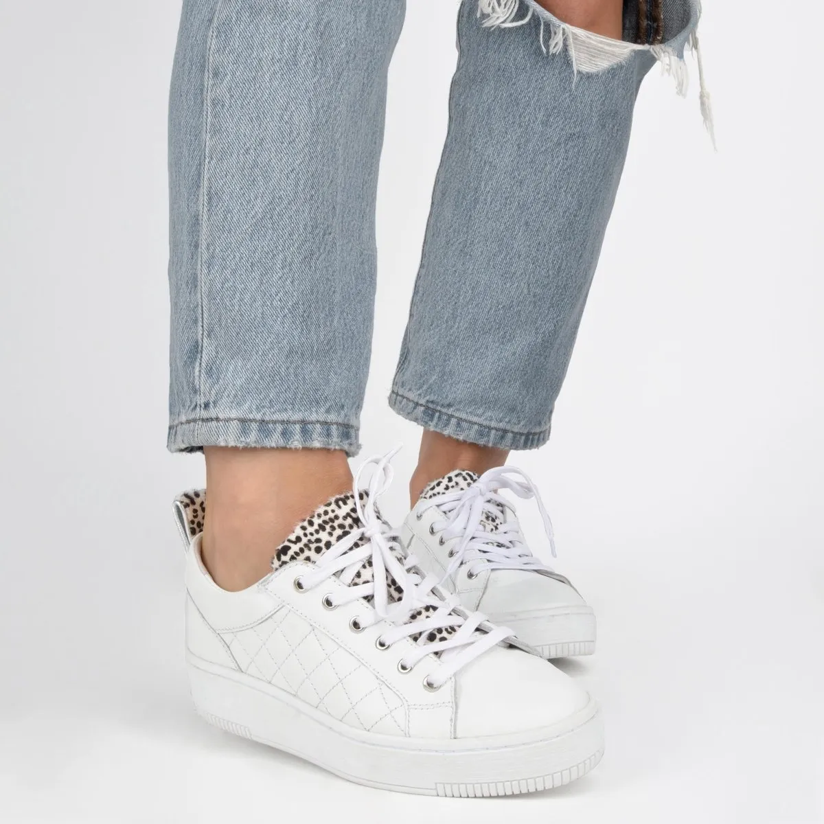 PS Poelman Esquimo Dames Quilted Leren Tennis Sneakers  - mt 38 - met Leopard Print - Wit