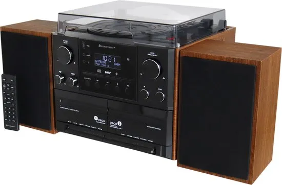 Soundmaster MCD5600BR - muziekcenter met platenspeler, bluetooth, CD, dubbel Cassettedeck, encoding, USB en DAB+, bruin