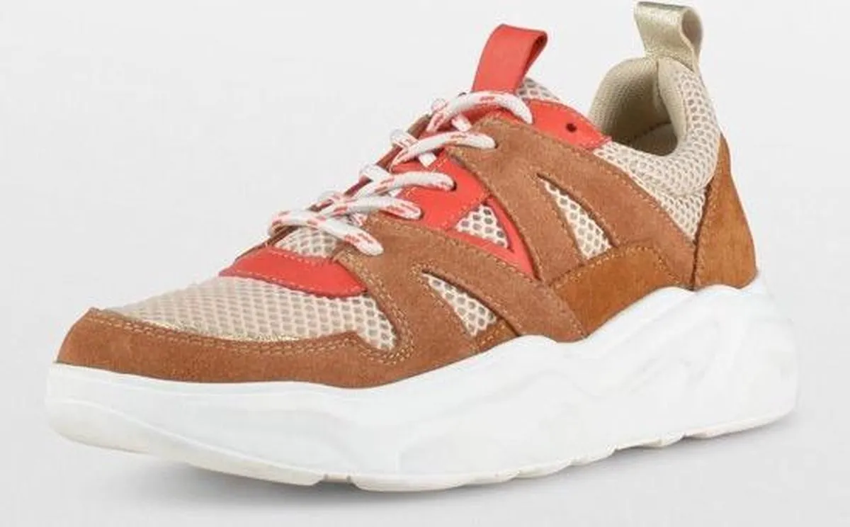 PS Poelman Year Dames Maat 36 - Leren Chunky Runner Sneaker van Mesh en Suéde - Bruin Beige Rood -