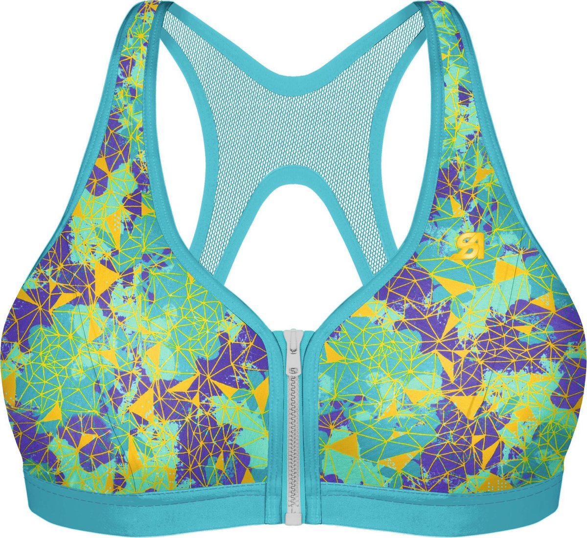sport-bh, brassiere, geometric-pattern, mesh-back, zip-front
