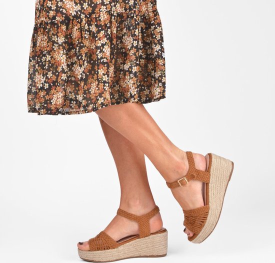 PS Poelman NANA Dames Faux PU Imitatie Suède - Maat 40 - Leren Sandalen met Espadrille Sleehak Zool