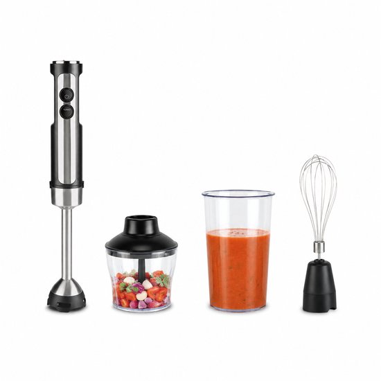 Bourgini Staafmixer - 4-delige Krachtige RVS Staafmixer set -20 snelheden - Garde - Hakmolen 600ml - Maatbeker 800ml - 1500W