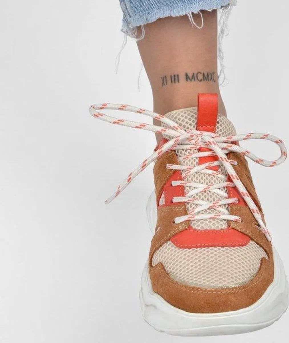 PS Poelman Year Dames - Maat 37 - Leren Chunky Runner Sneaker van Mesh en Suéde - Beige Kaki Groen