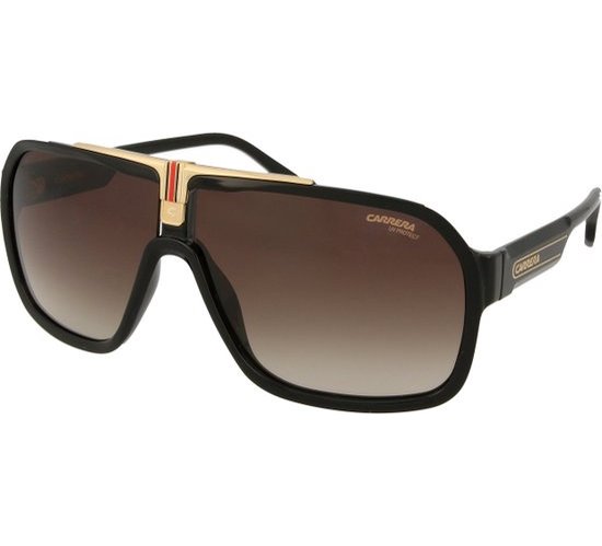 zonnebril, oversized, bruin verloop, zwarte frame, metalen accenten