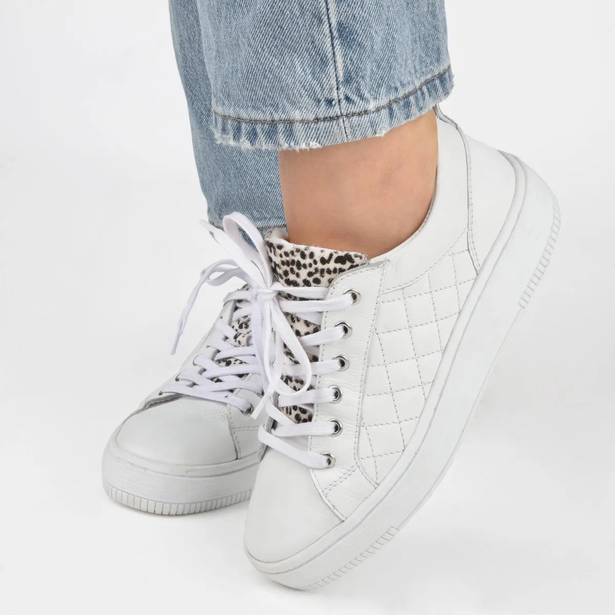 PS Poelman - maat 40- Esquimo Dames Quilted Leren Tennis Sneakers met Leopard Print - Wit