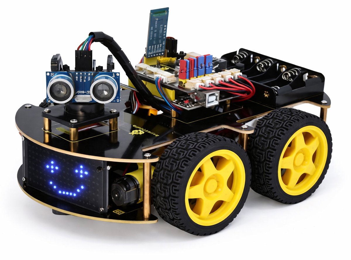 robot auto, vier wielen, gele wielen, RC rover, LED display