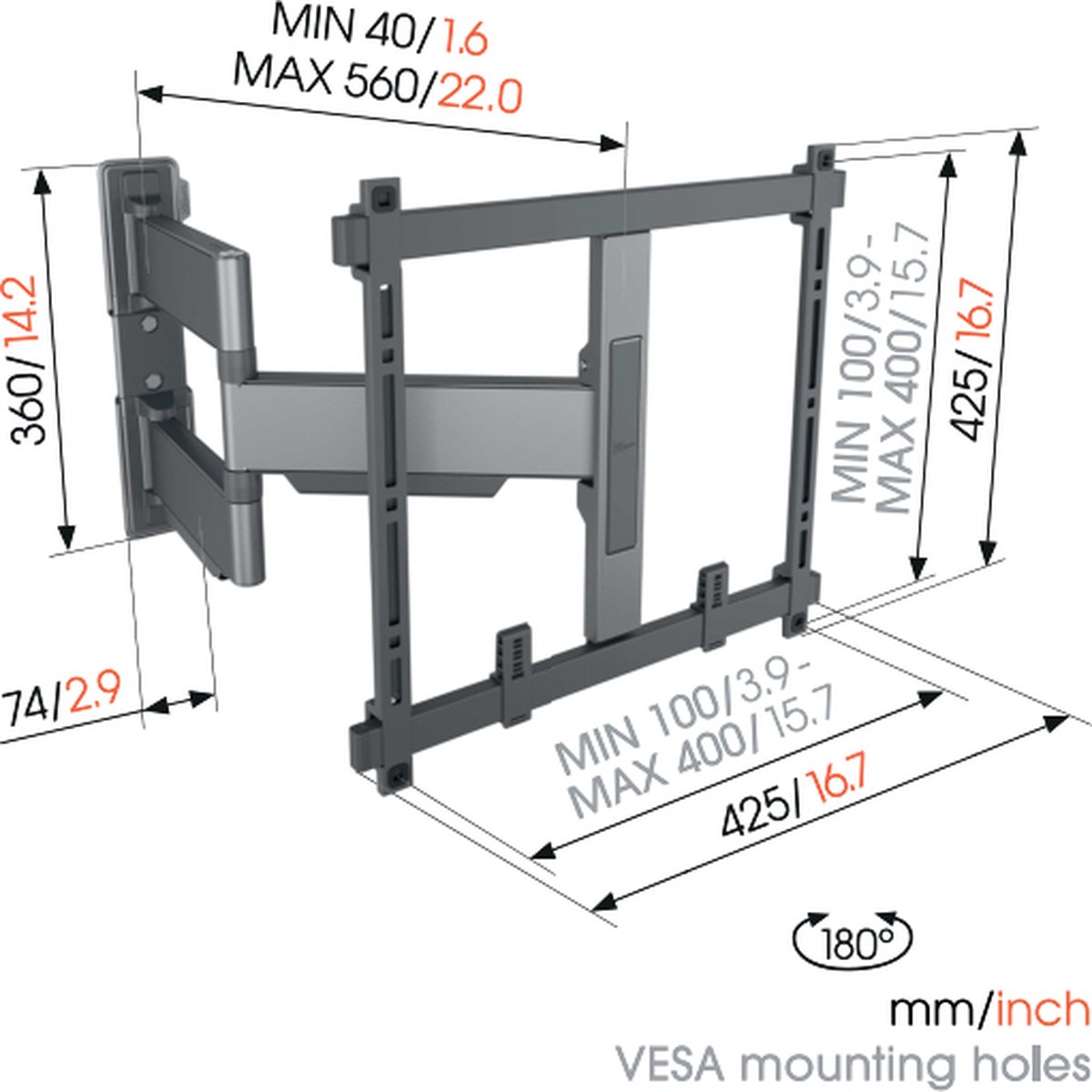Vogel's ELITE TVM 5445 Draaibare tv-beugel 32-65" max 35kg VESA 400x400 56cm arm Zwart