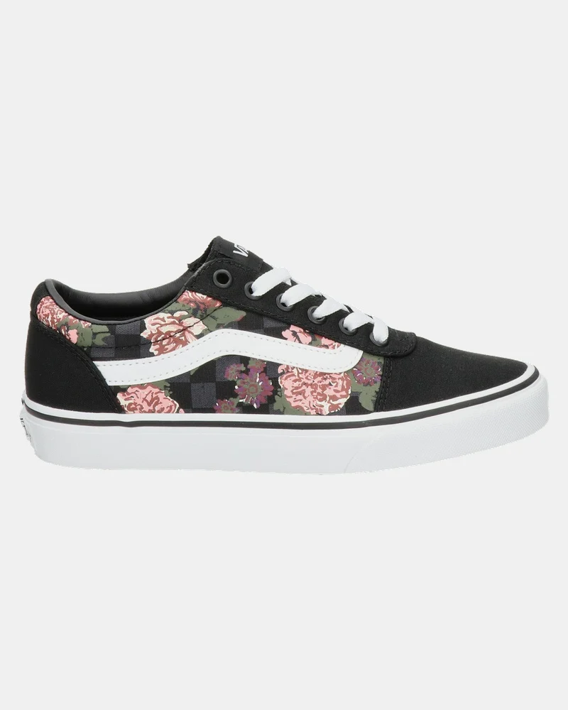 sneaker, zwart, bloemenpatroon, witte zool, low top